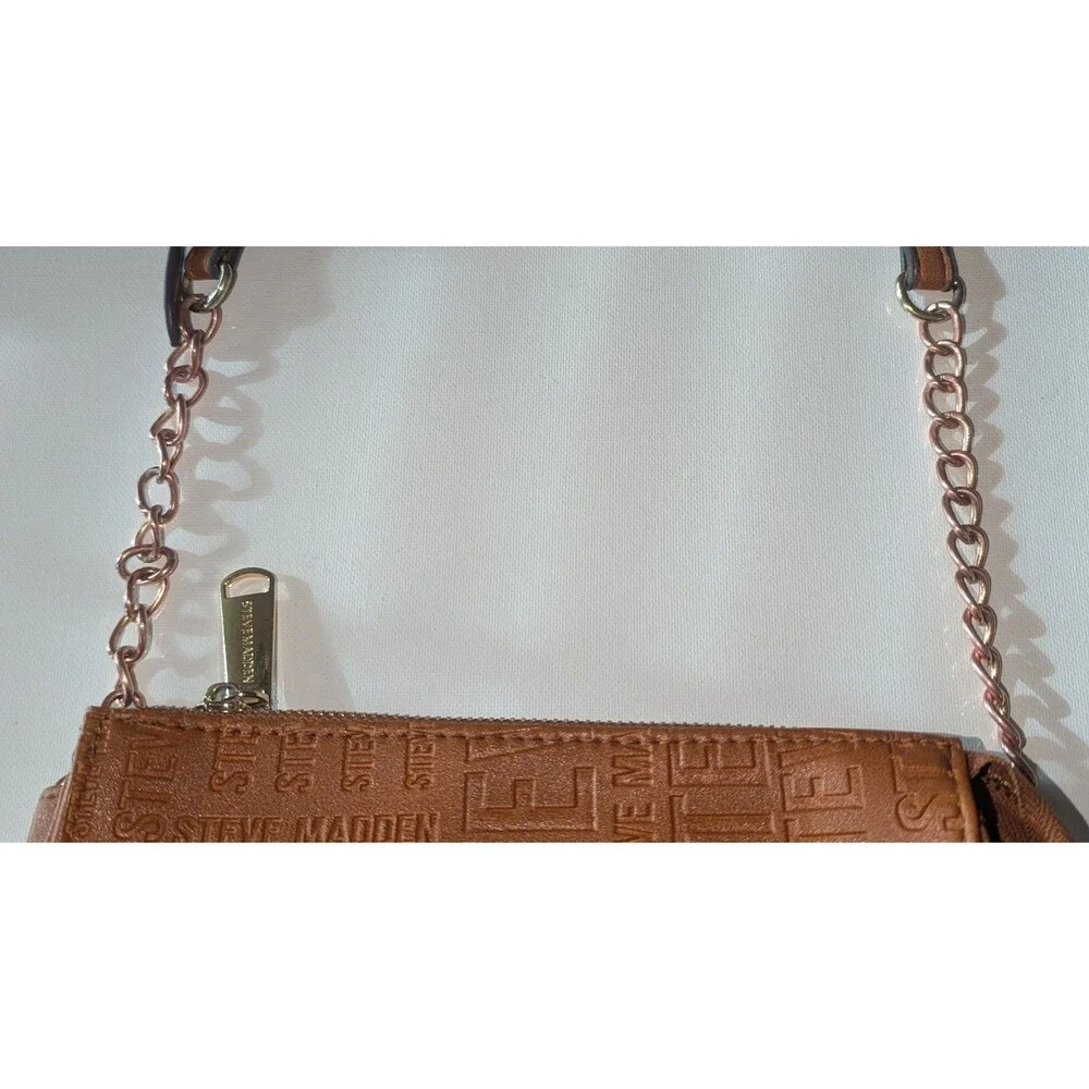 Steve Madden Purse Brown Cognac Logo Embossed Faux Leather Crossbody Bag Gold